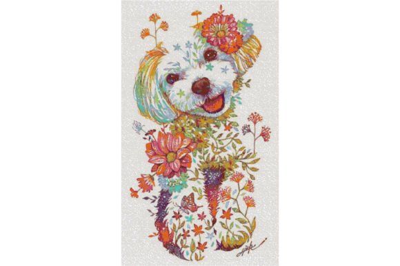 Flowers Dog Cross Stitch Pattern
